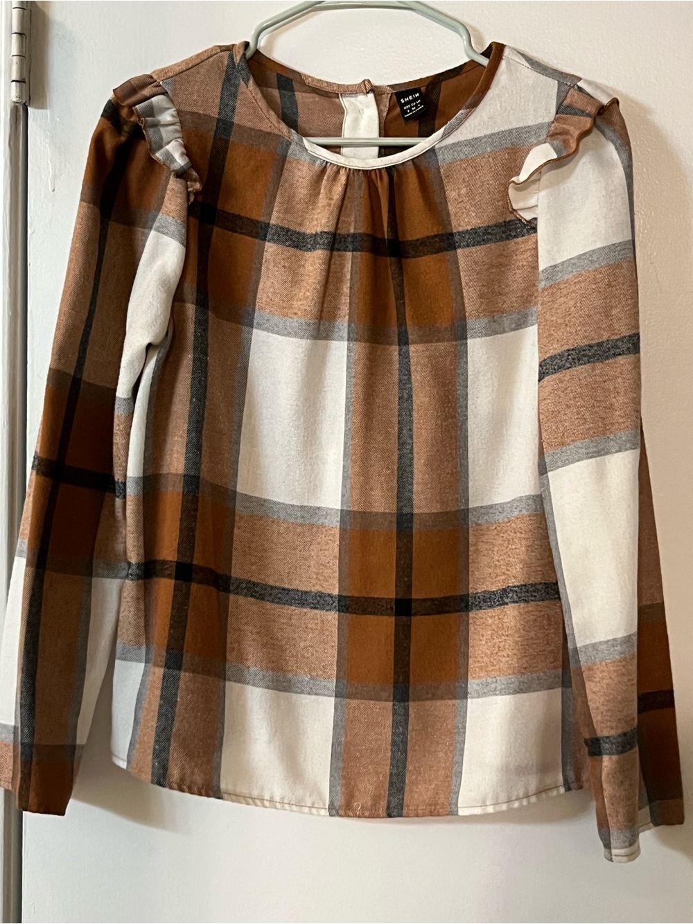 SHEIN Brown & Cream Plaid Ruffle Shoulder Long-Sleeve Top